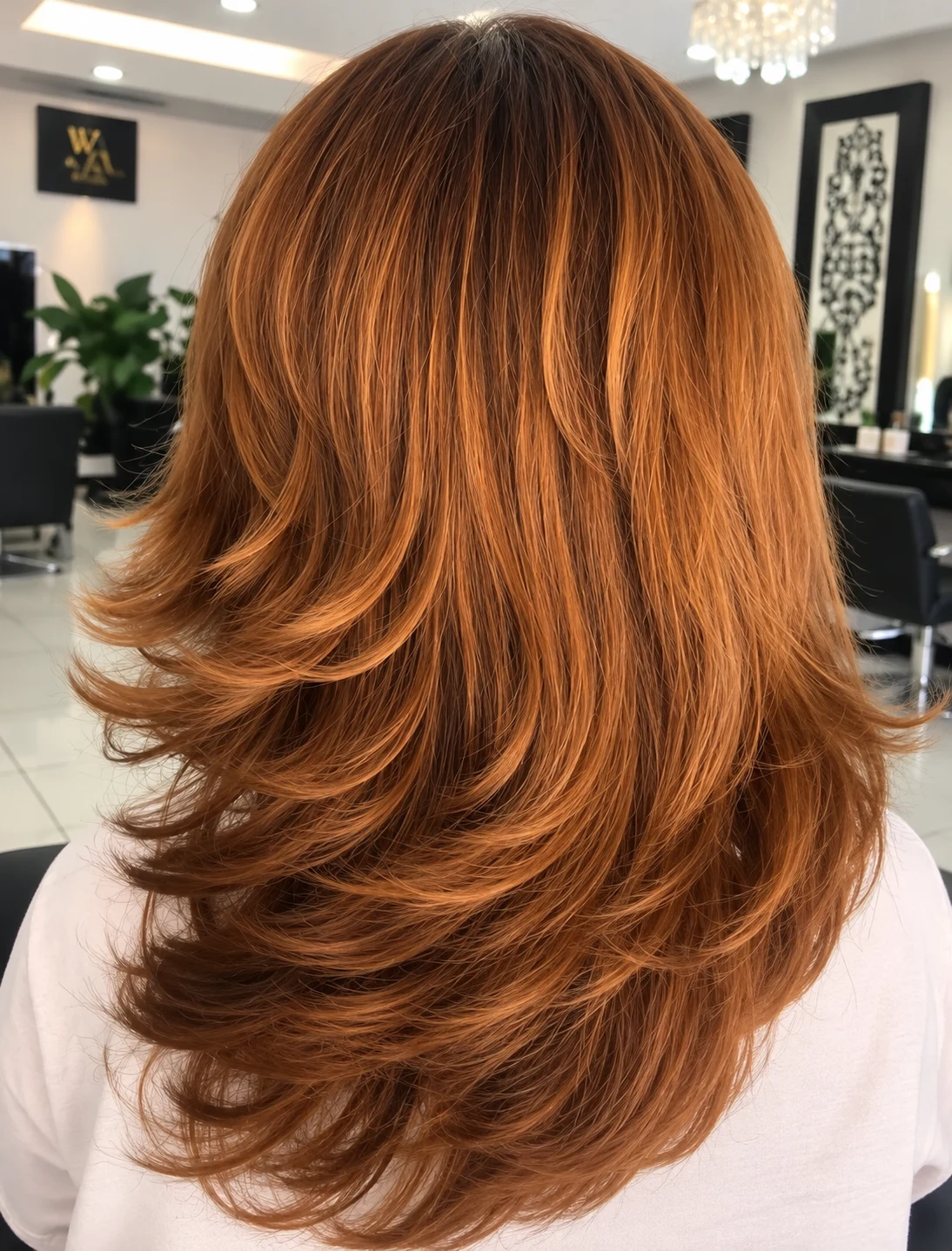 Cabelo acobreado em camadas, com acabamento e movimento